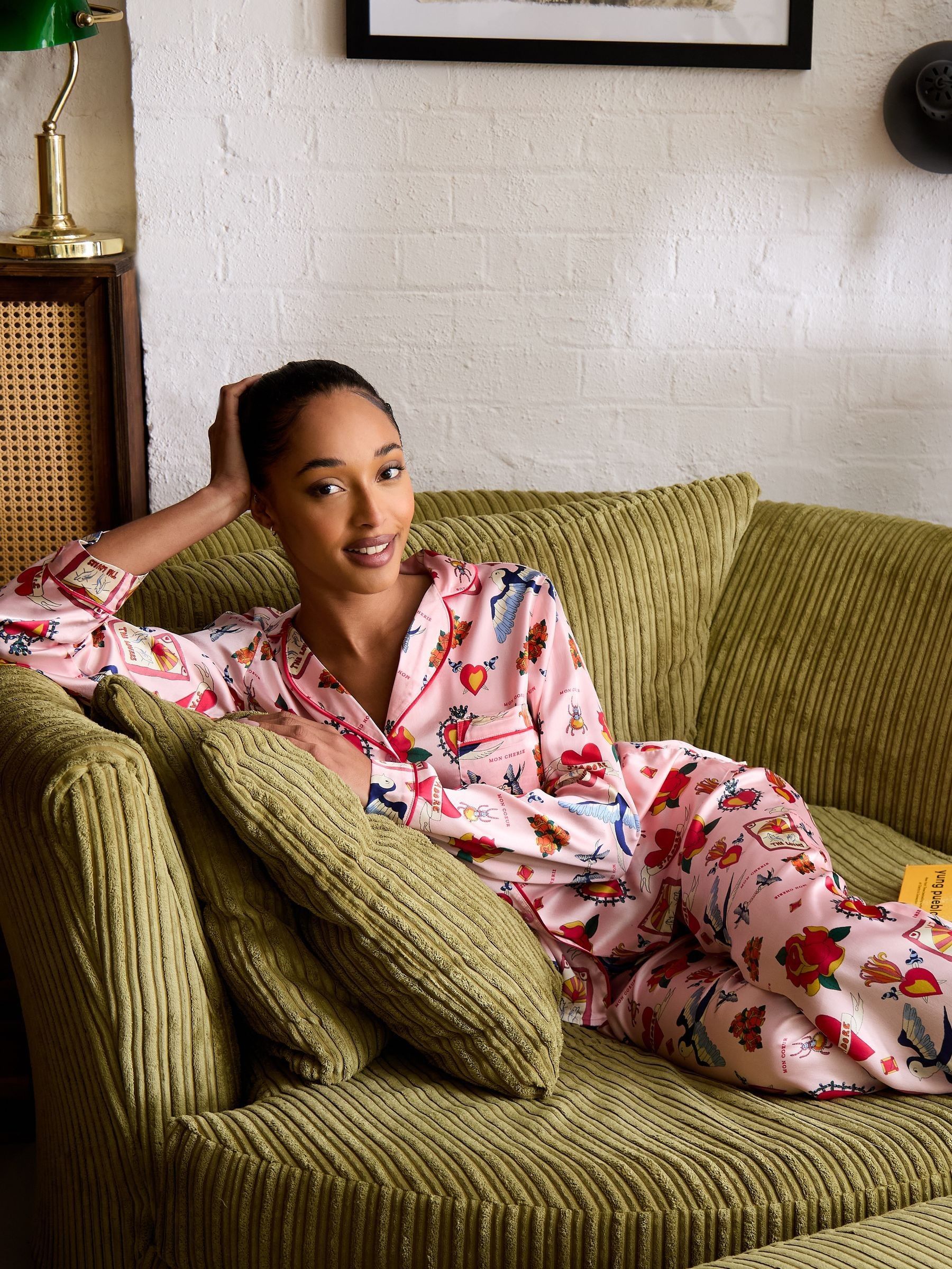 Womens Pink Recycled Satin Long Traditional Pyjamas Set