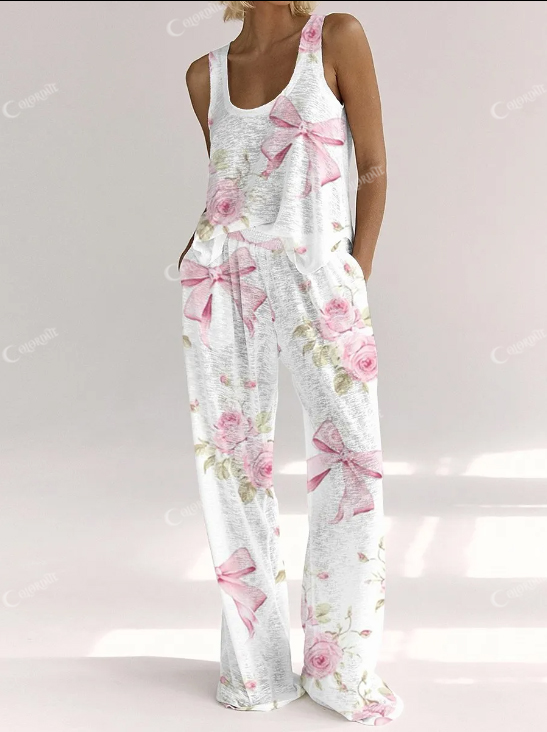 Ladies Pink Bow Flower Lounge Suit