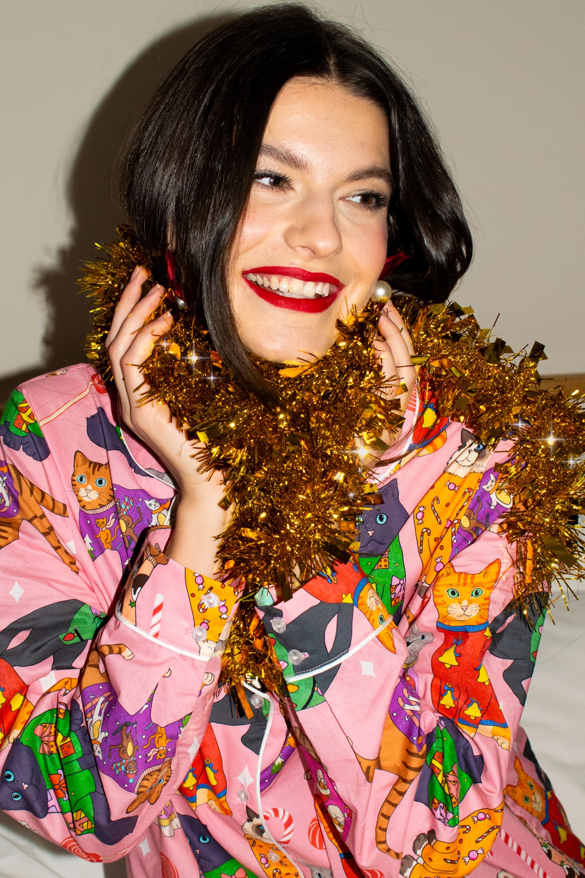 Women's Lapel Cute Cat Print Long Sleeve Pajama Set