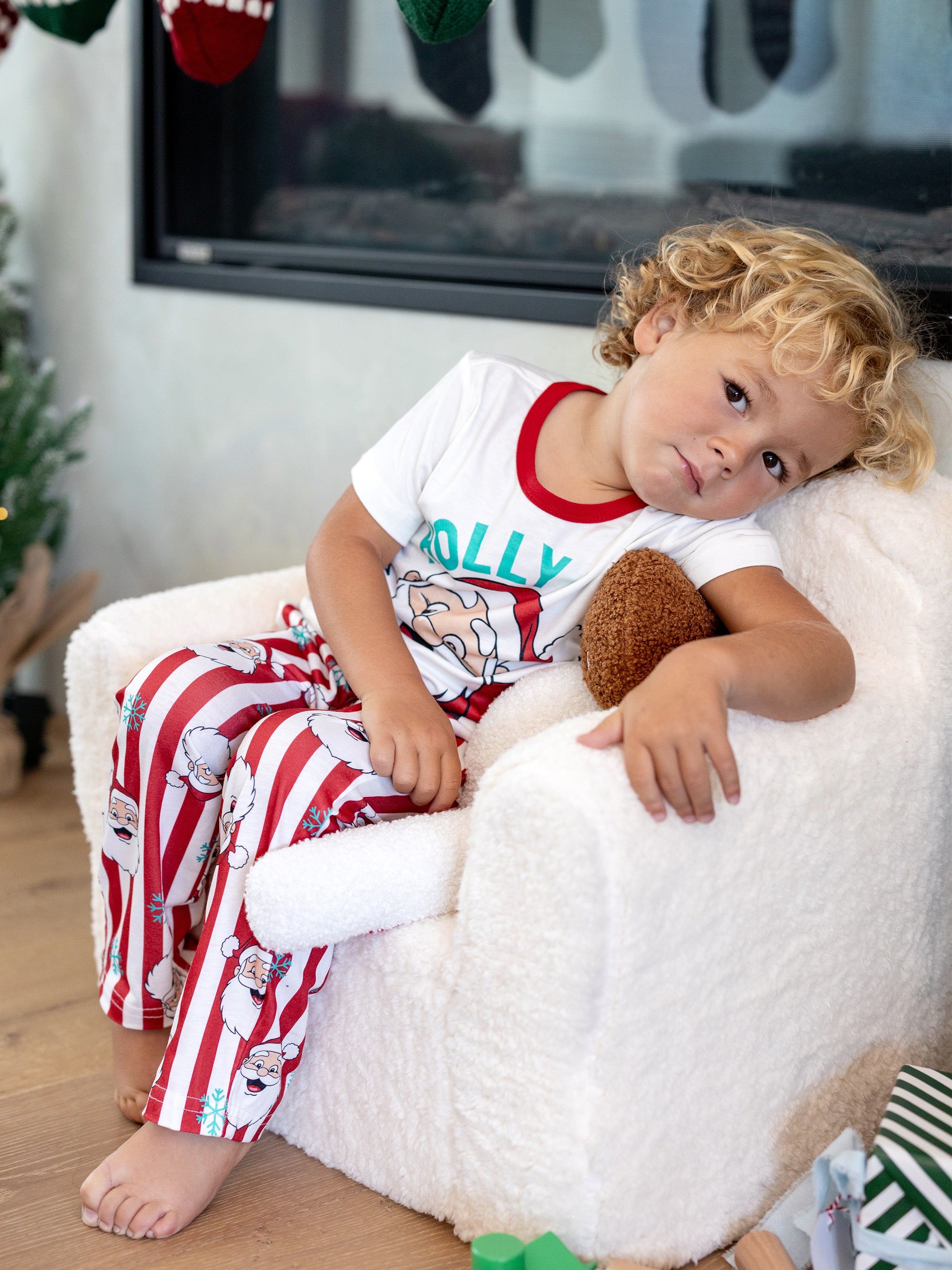 Christmas Matching Family Pajamas Set Santa Claus and Snowflakes Red Stripes PJS