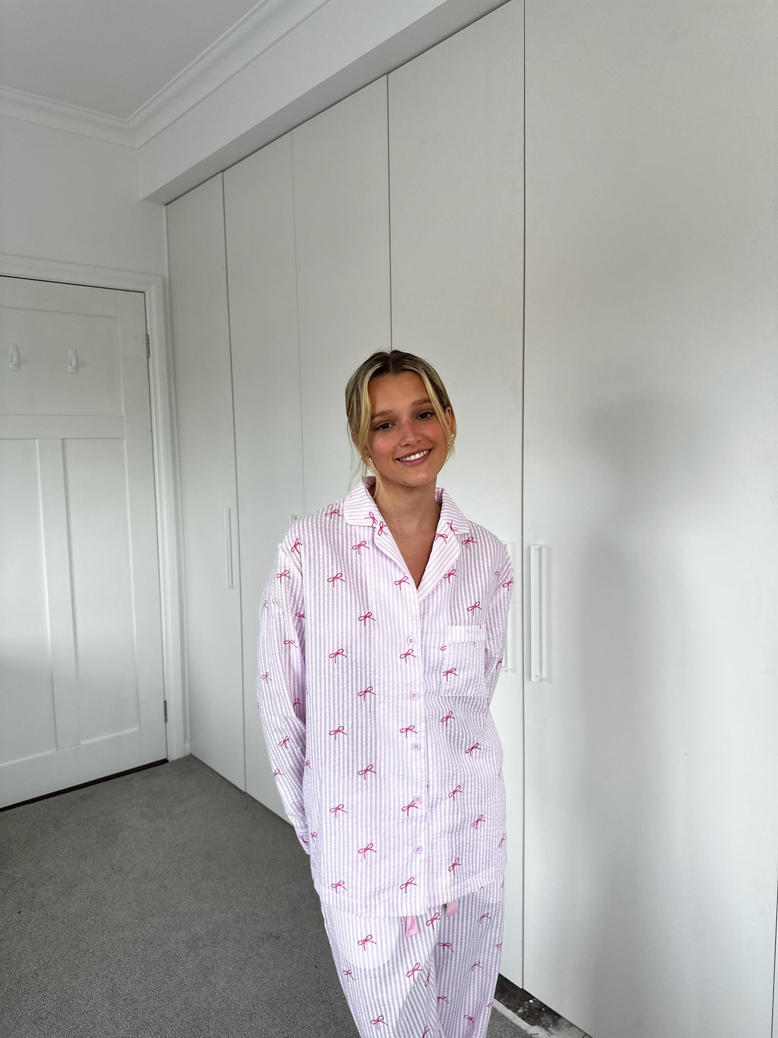 Women's Pink & White Stripes With Bow Print Cotton Cardigan Homewear Set