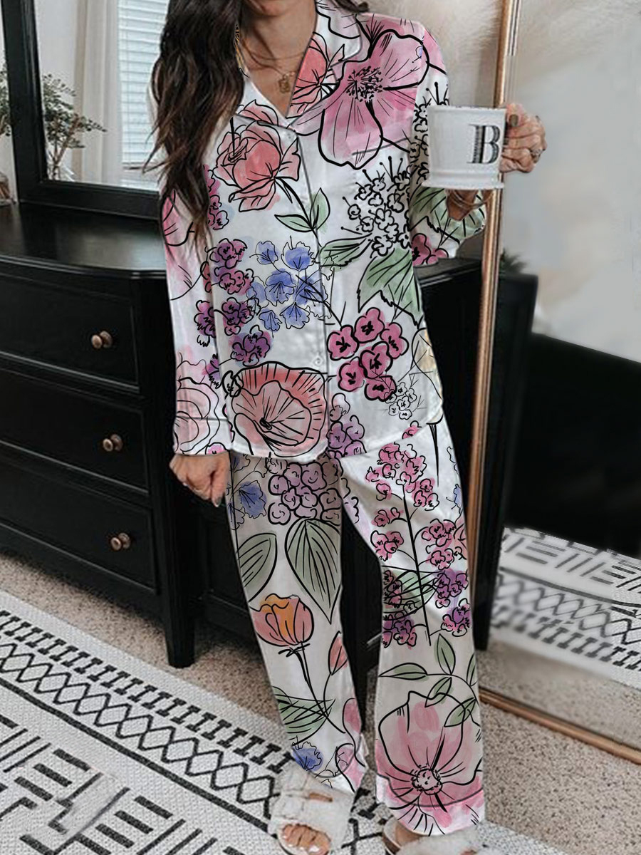 Women's Fun Floral Hand-Painted Long Sleeve Pants Set