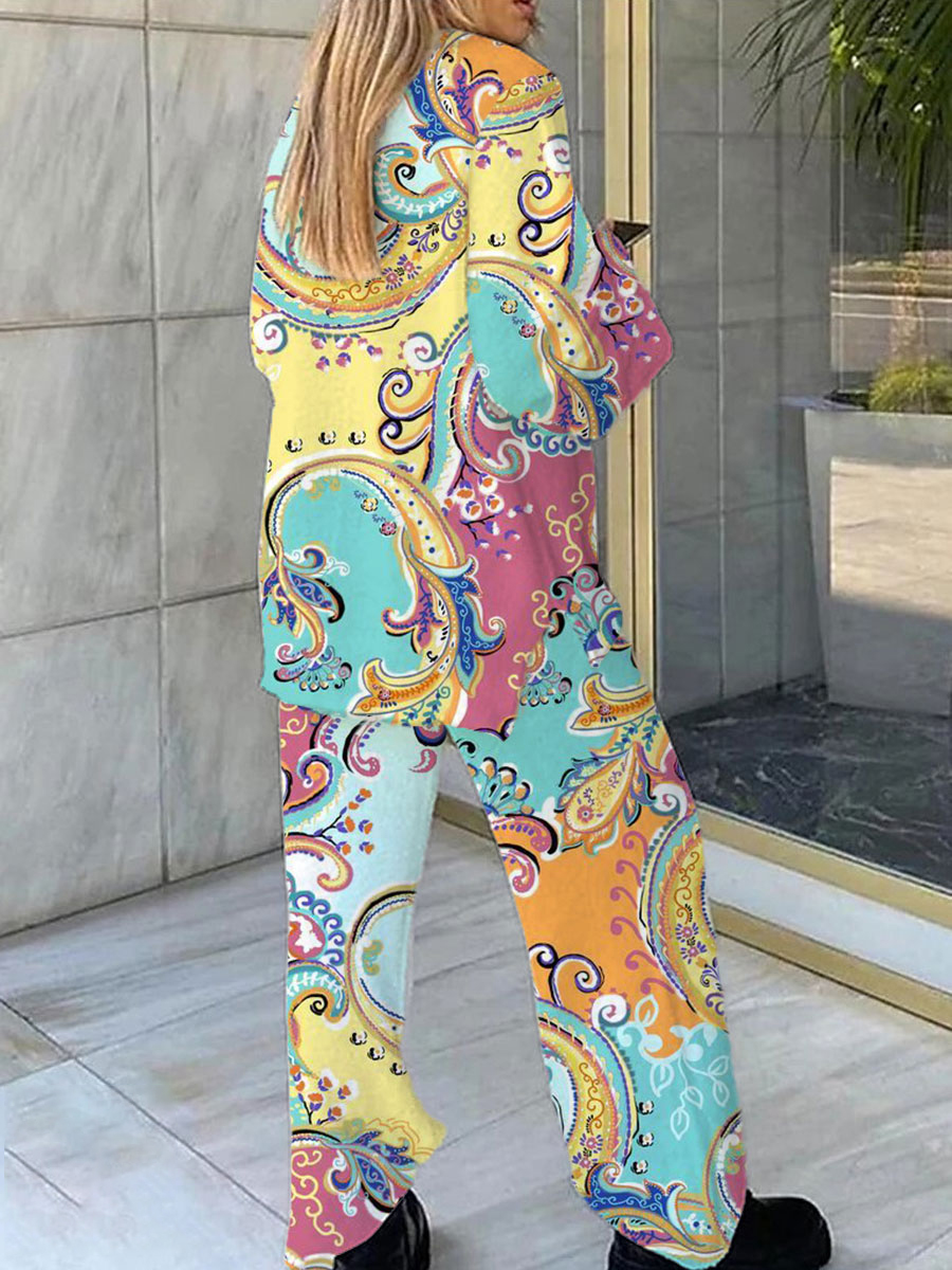 Women's Bohemian Colorful Pattern V-Neck Long Sleeve Pants Set