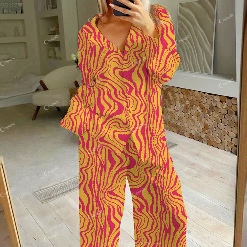 Colordate Women's Red Abstract Lines Print Cotton Cardigan Homewear Set