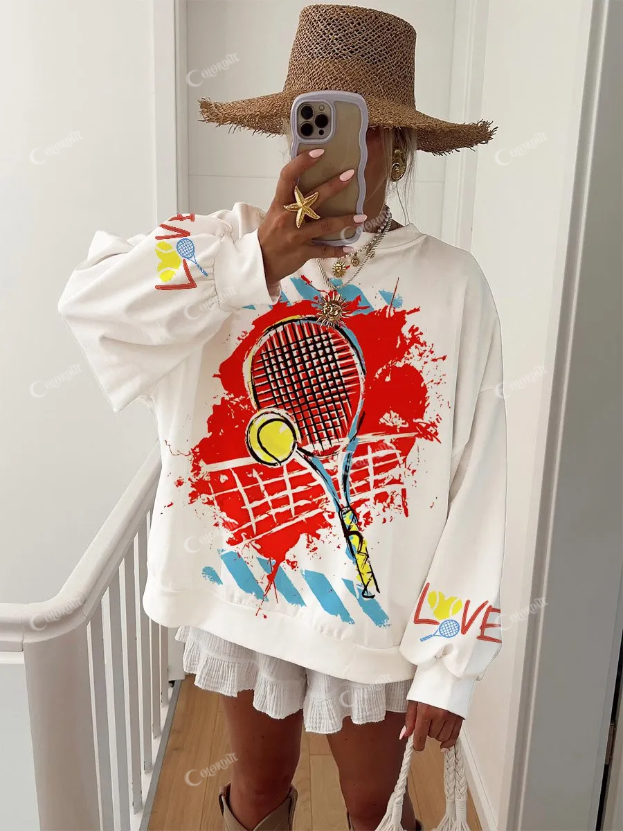 Women's Tennis Print Crew Neck Long Sleeve Sweatshirt