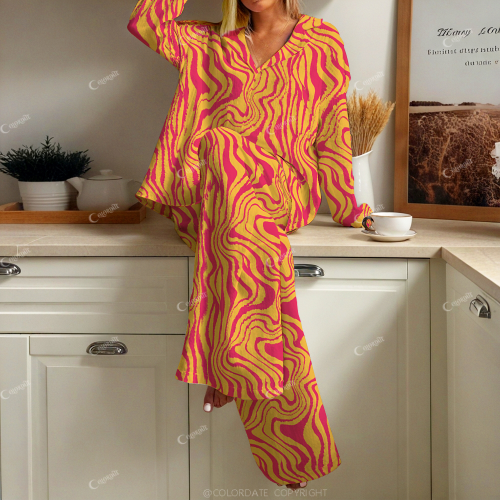 Colordate Women's Red Abstract Lines Print Cotton Cardigan Homewear Set