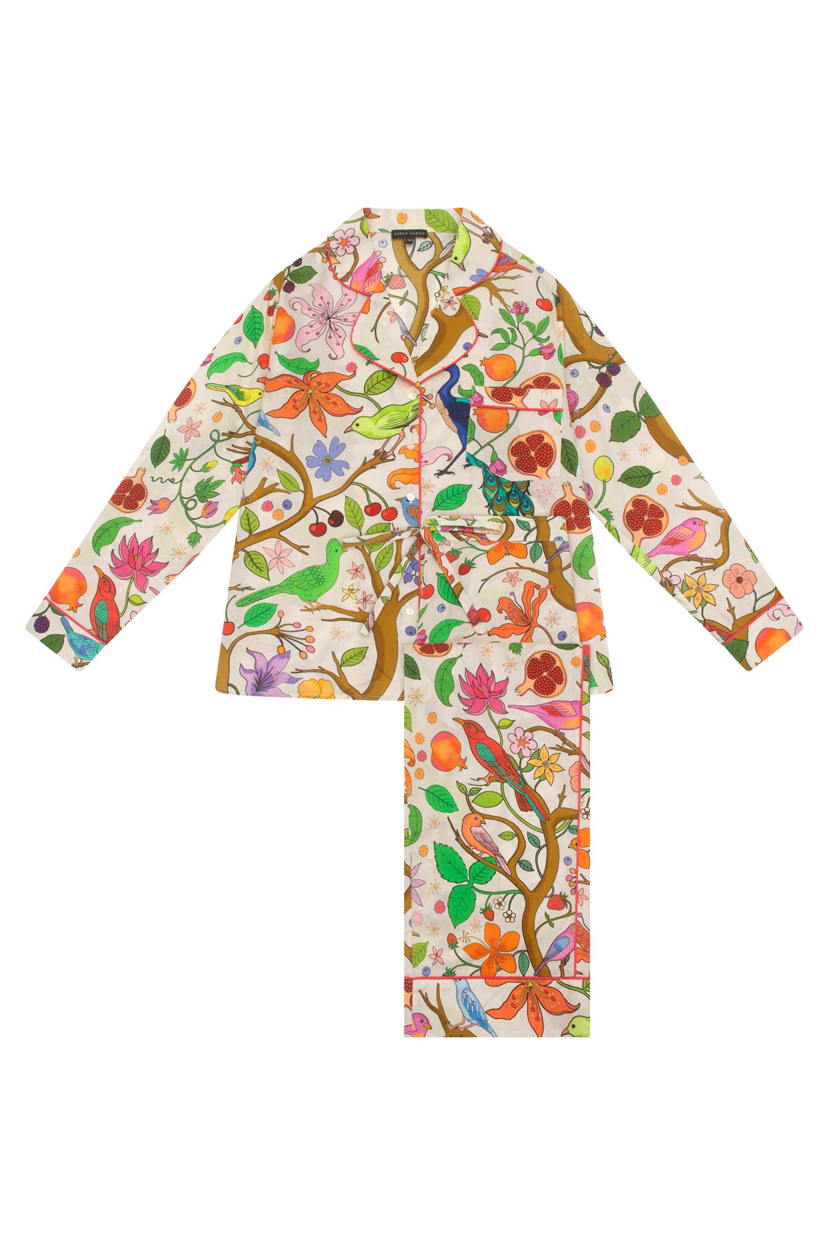 Women's Lapel Flower and Bird Print Long Sleeve Pajama Set
