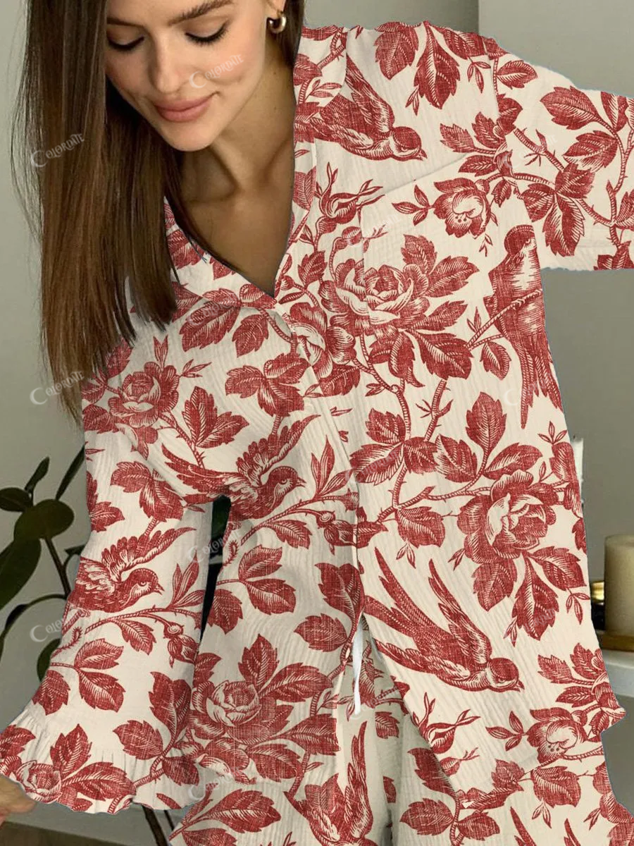 Women's Colored Pencil Flower And Bird Print Pajamas Set