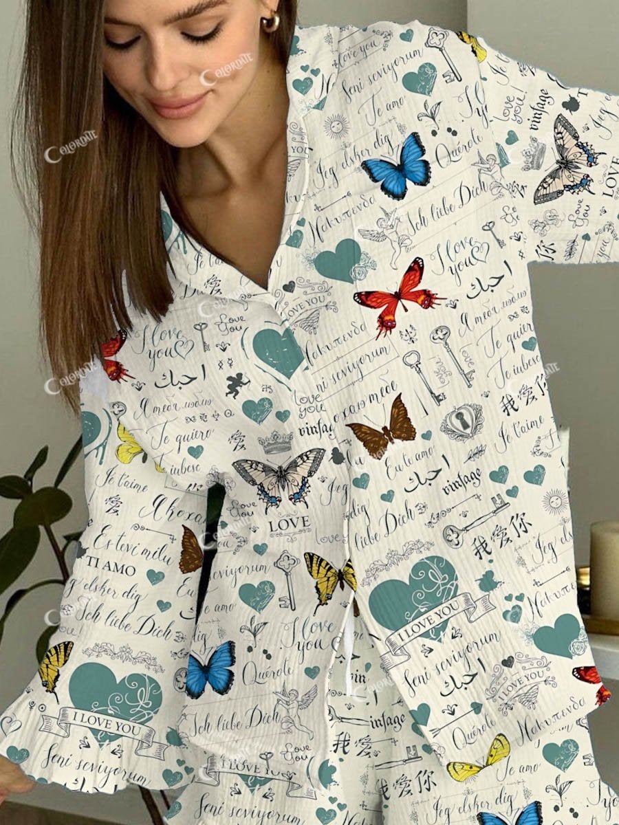 Women's Valentine's Day Butterfly Print Ruffled Loungewear Set