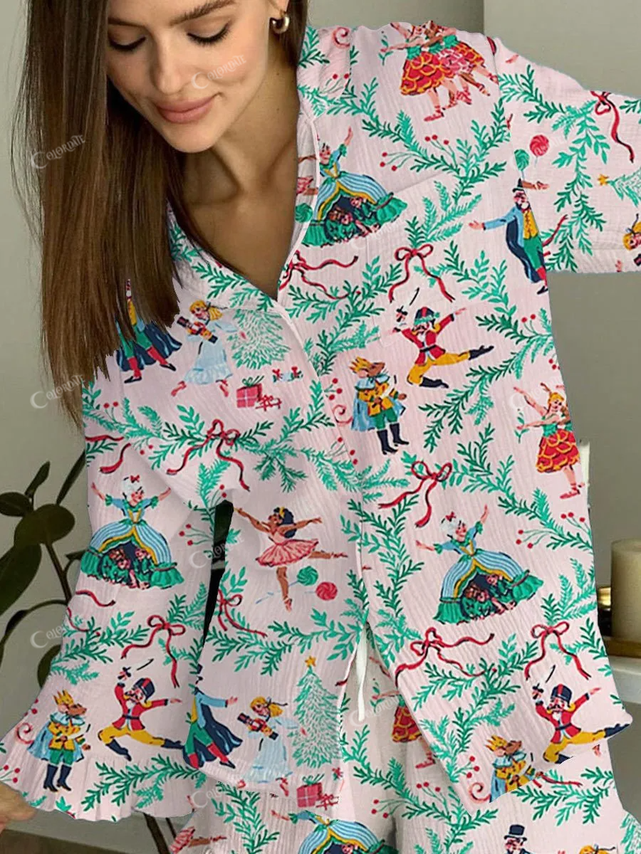 Women's Pink Christmas Art Painting Printed Home Long Sleeve Suit