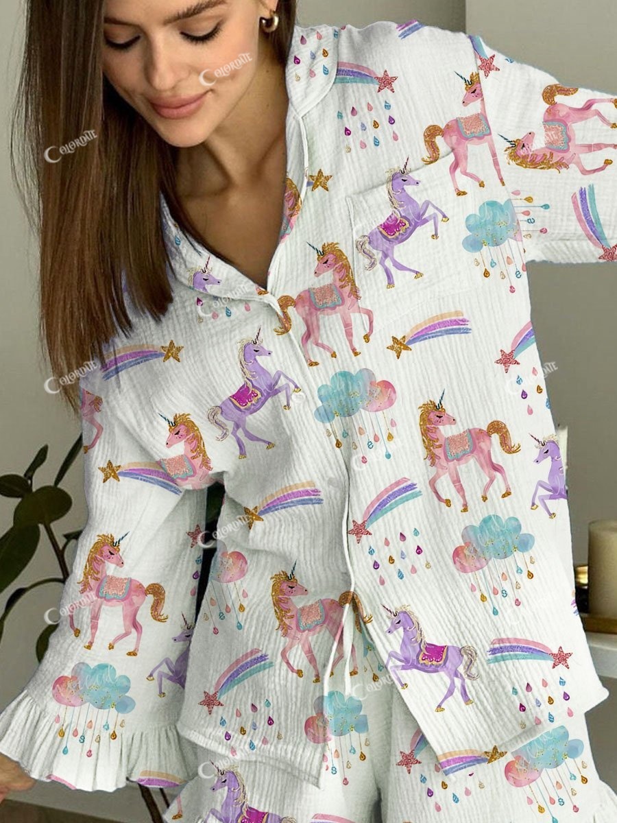 Women's Unicorn Rainbow Shooting Star Print Long Sleeve Pajama Set