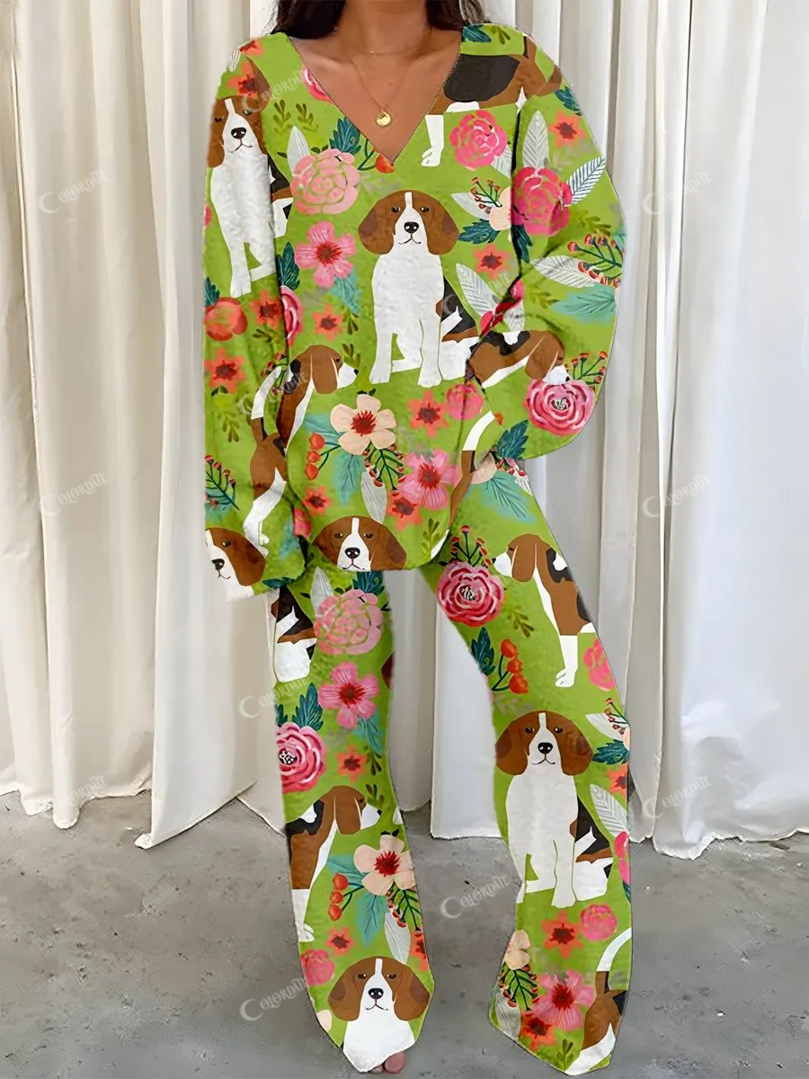 Women's Beagle Floral Print Polar Fleece Suit