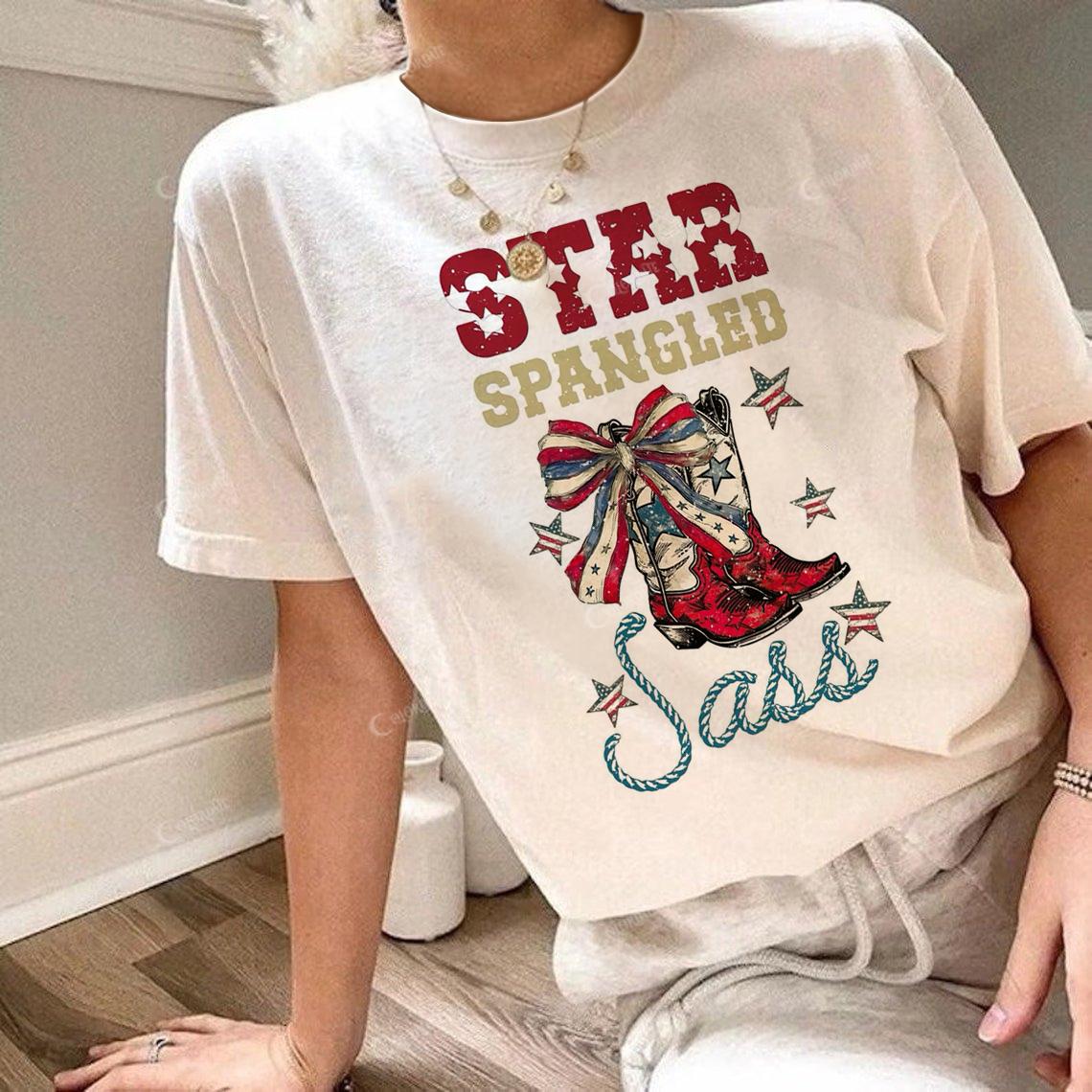 Women's Retro Stars Print Round Neck Short Sleeve Tee