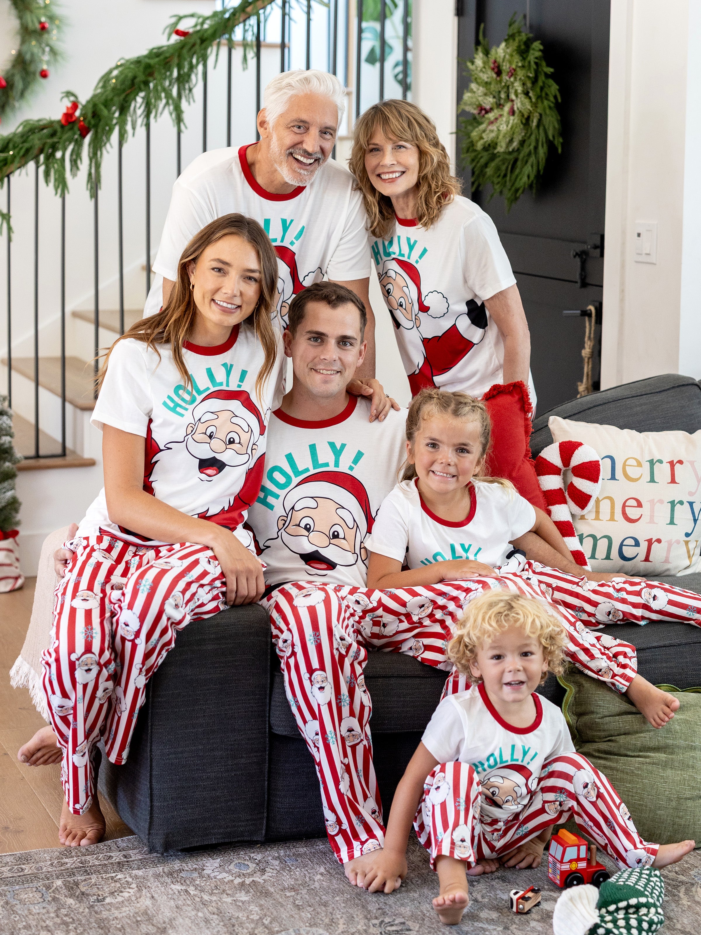 Christmas Matching Family Pajamas Set Santa Claus and Snowflakes Red Stripes PJS