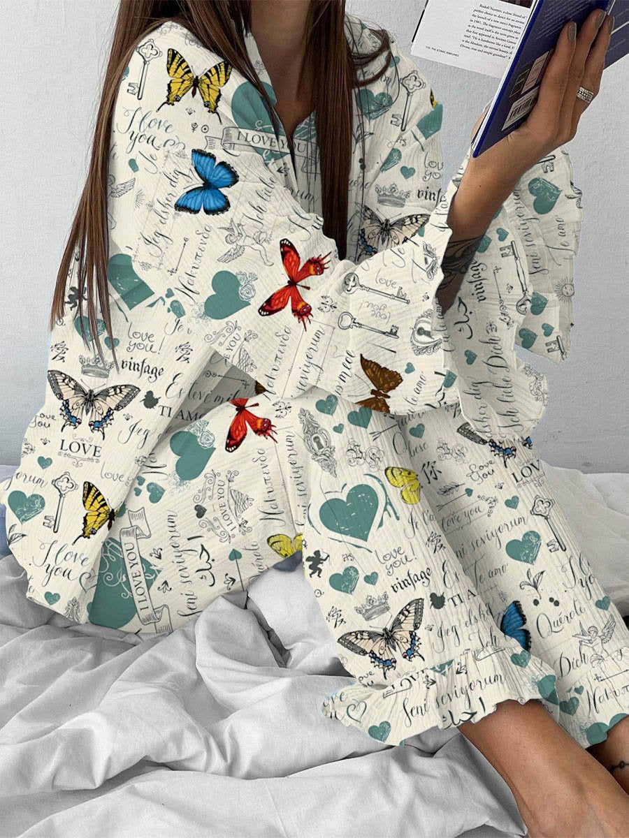 Women's Valentine's Day Butterfly Print Ruffled Loungewear Set