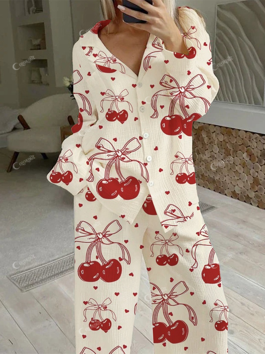 Women's Bow Cherry Heart Printed Casual Homewear Set