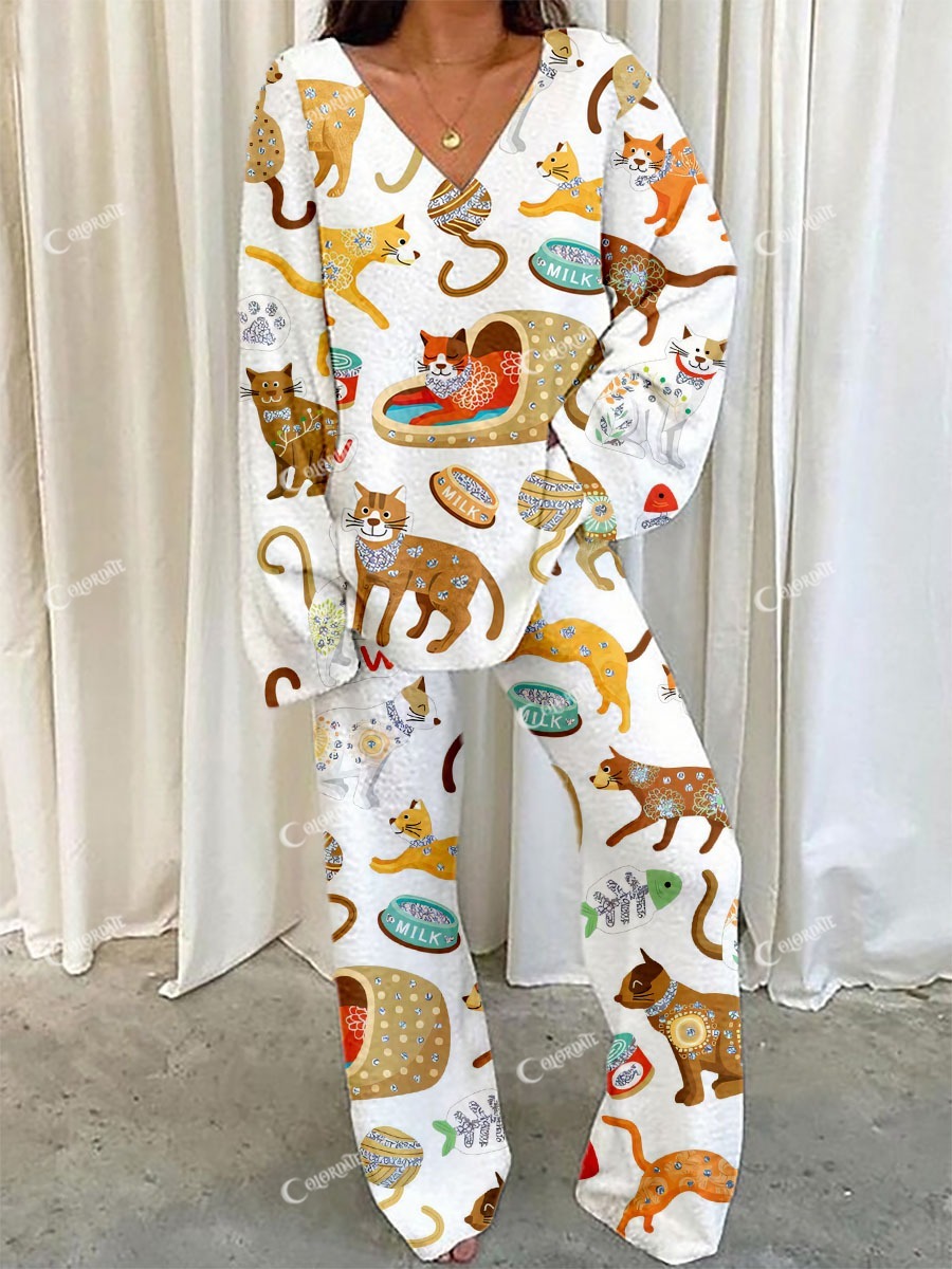 Women's Cute Cat Print Comfortable V-Neck Suit
