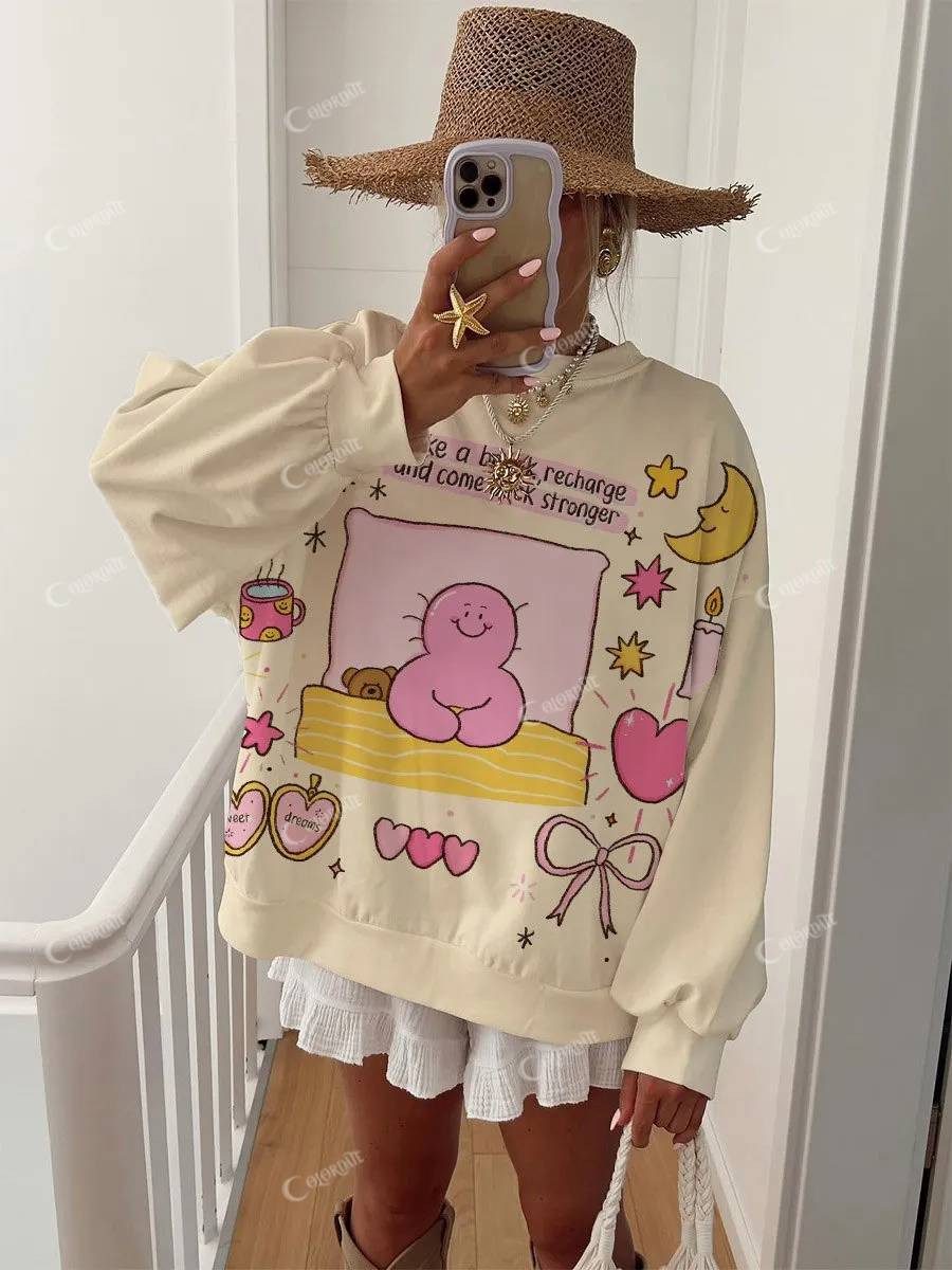 Women's Cute Bedroom Pattern Round Neck Long Sleeve Sweatshirt