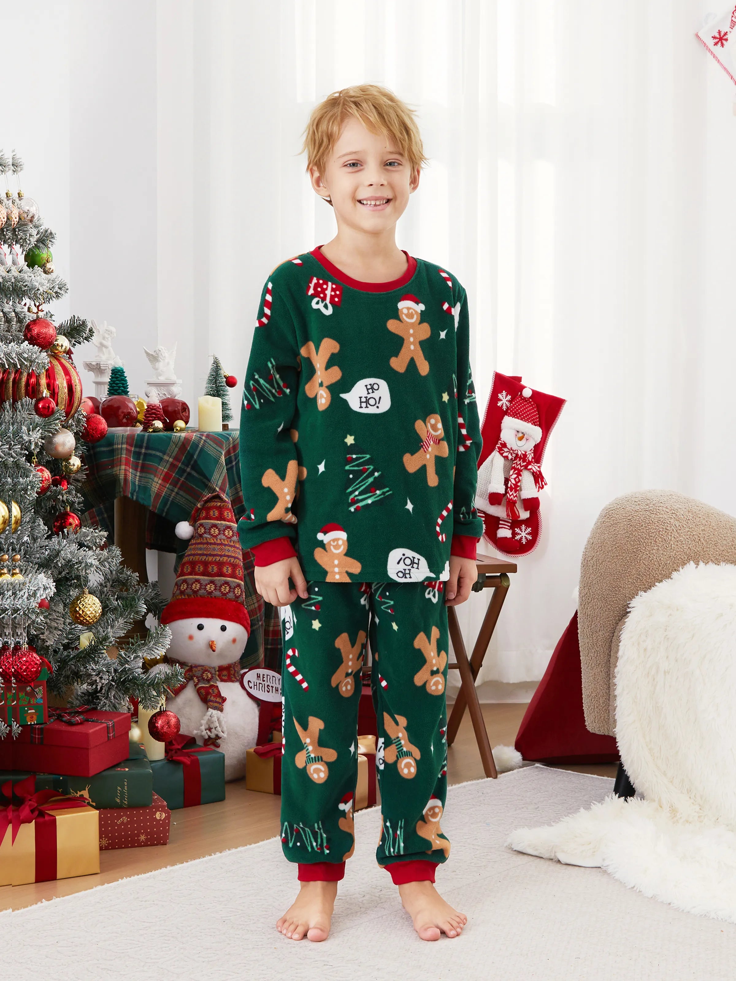 Christmas Pajamas Family Matching Fleece Gingerbread Man Long Sleeves Pajamas Sets