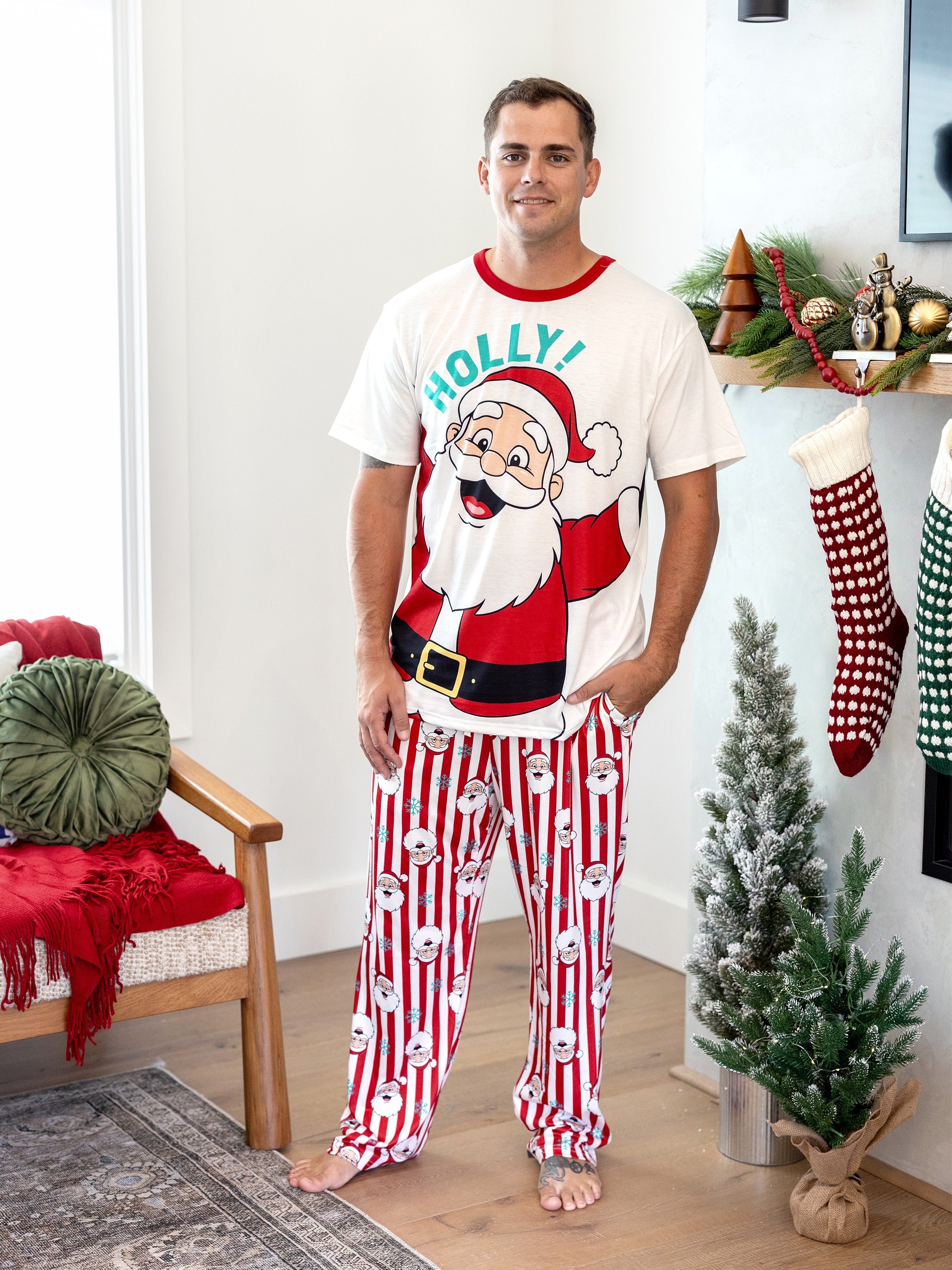 Christmas Matching Family Pajamas Set Santa Claus and Snowflakes Red Stripes PJS