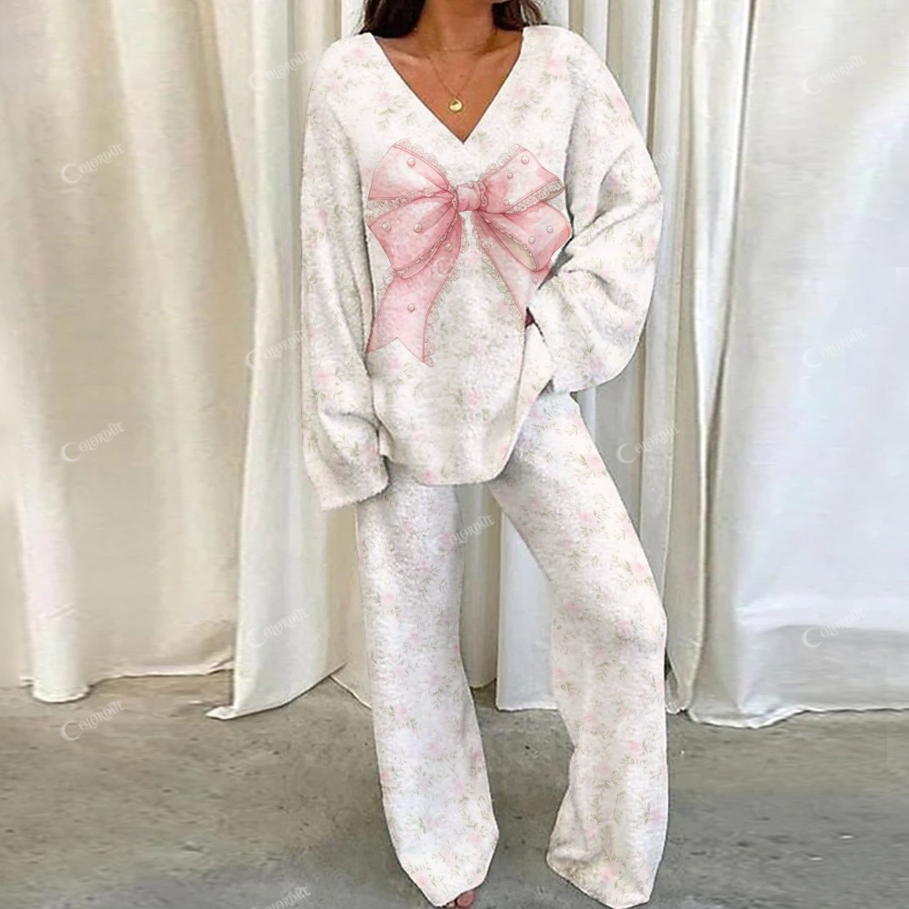 Pink Bow Lace Floral Loungewear Set For Women
