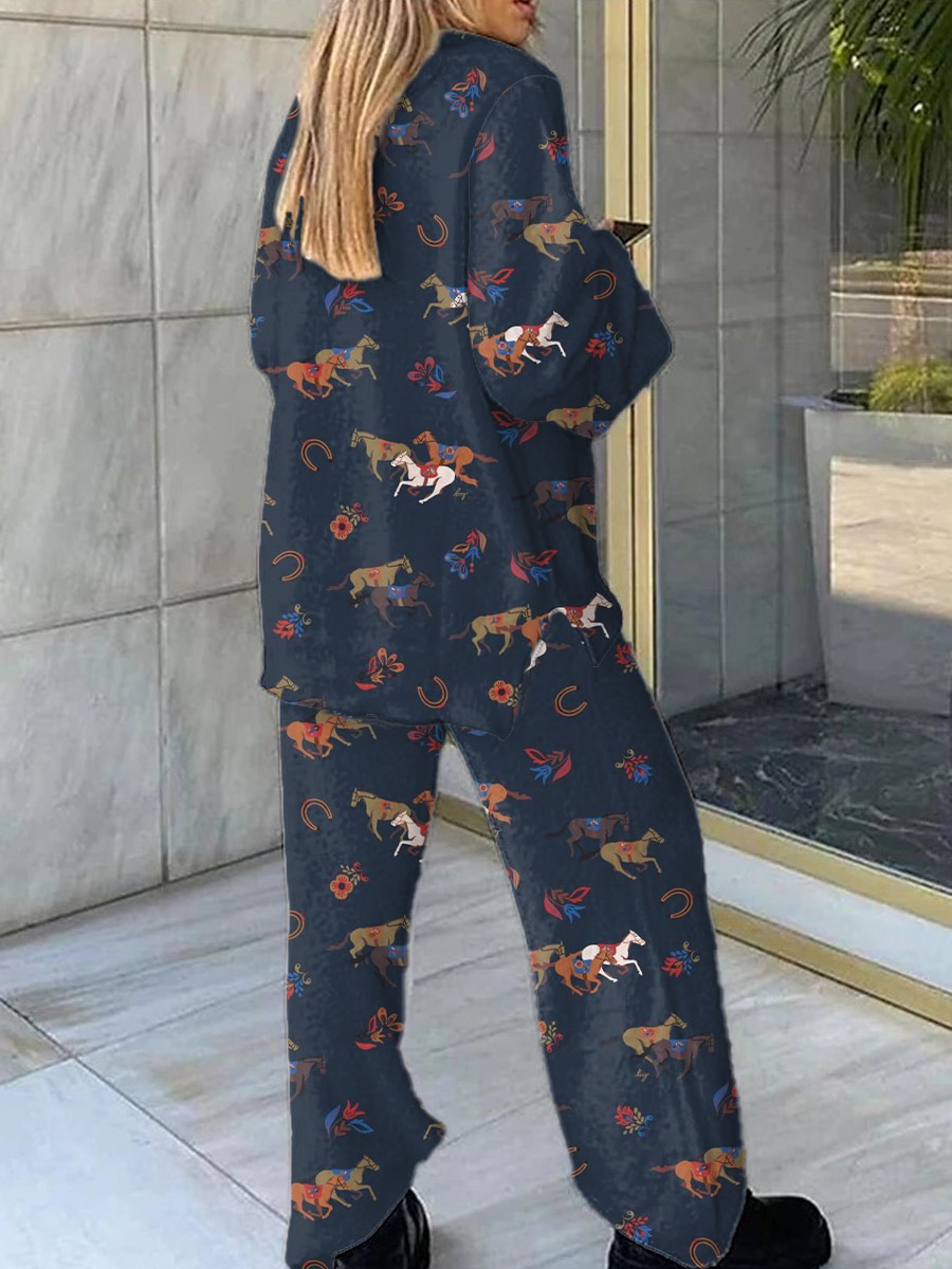 Women's Retro Horse Print Casual Homewear Set