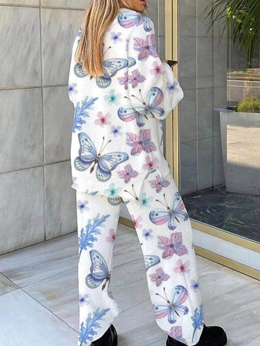Women's Fantasy Butterfly Pattern V-Neck Long Sleeve Pants Set