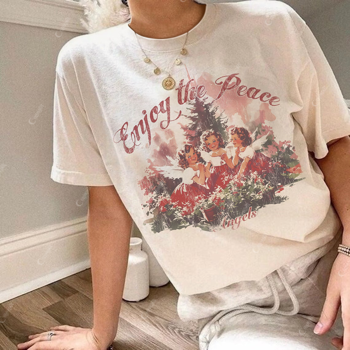 Colordate Women's Enjoy The Peace Print Round Neck Short Sleeve Tee