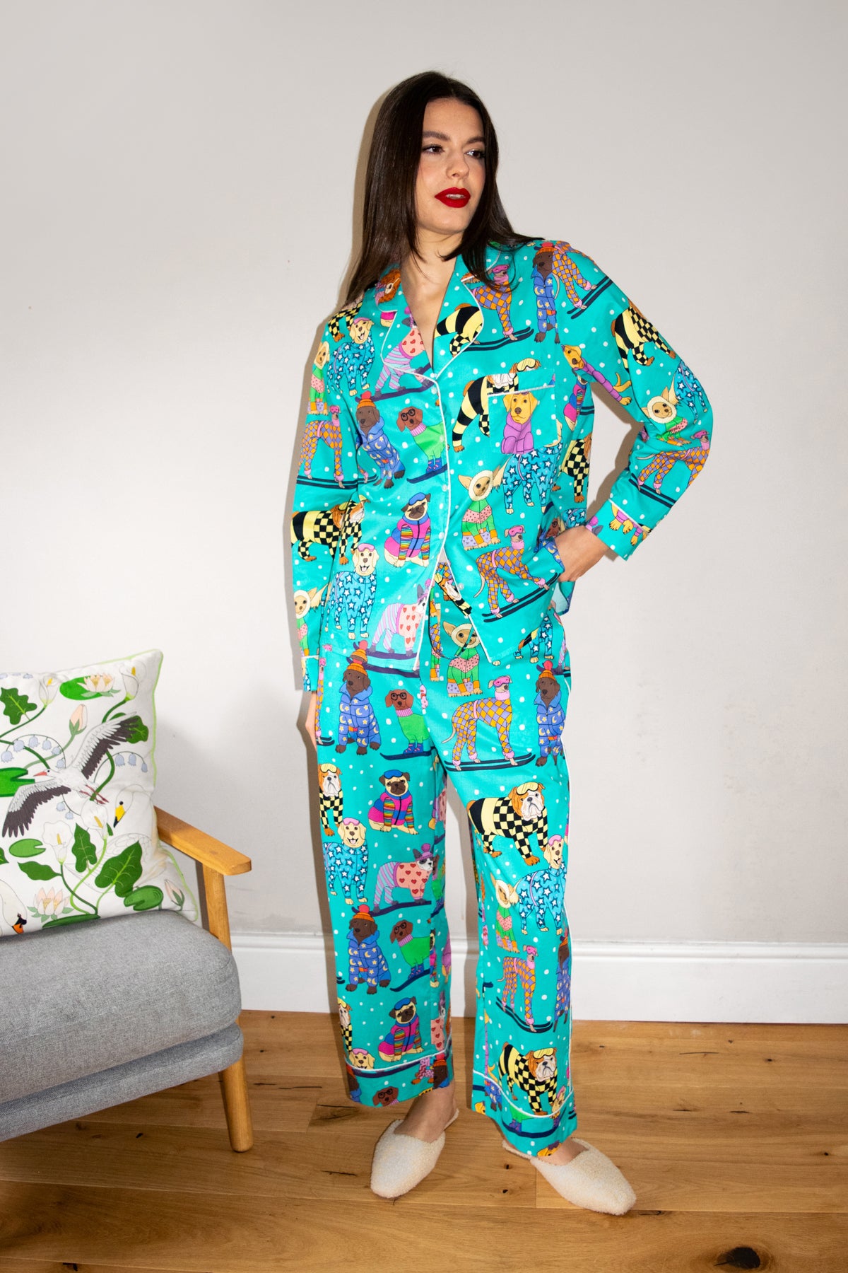 Women's Lapel Cute DOG Print Long Sleeve Pajama Set