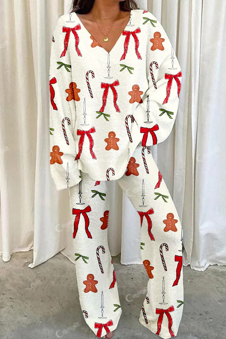 [Copy]Women's Vintage Snowflake Color Block Art Printed Casual Homewear Set