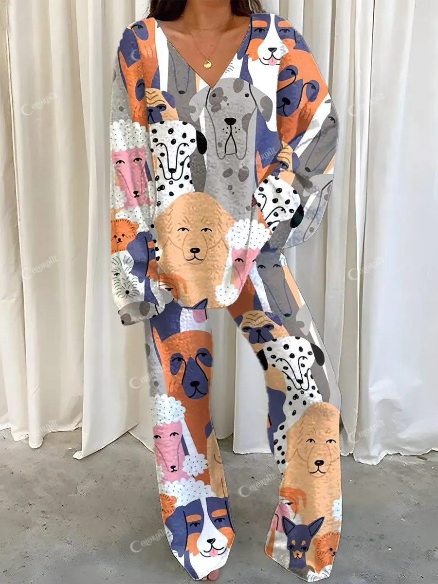 Women's Cute Dog Combination Printed Fleece Suit