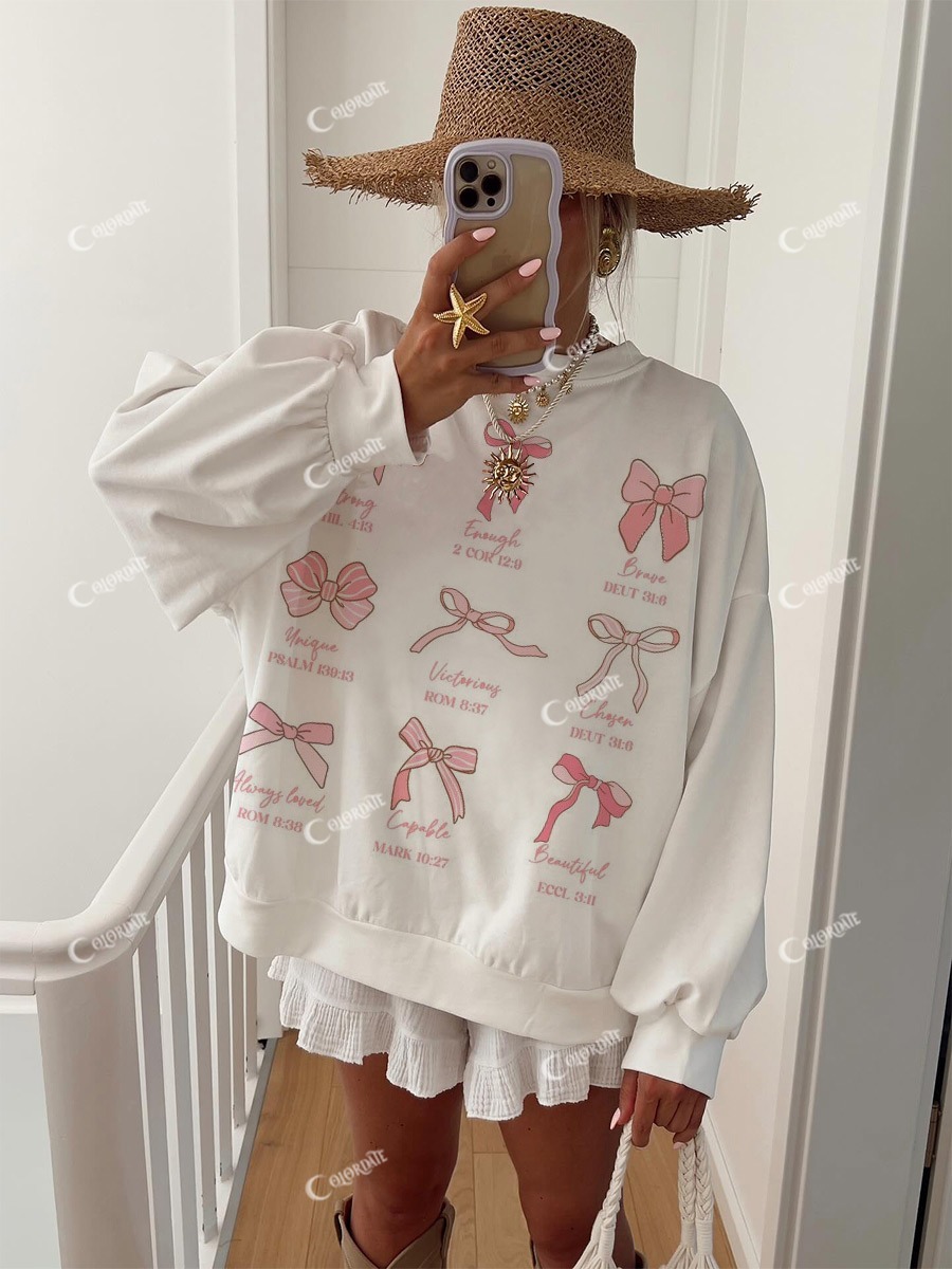 Women's Pink Creative Bow Pattern Round Neck Long Sleeve Sweatshirt