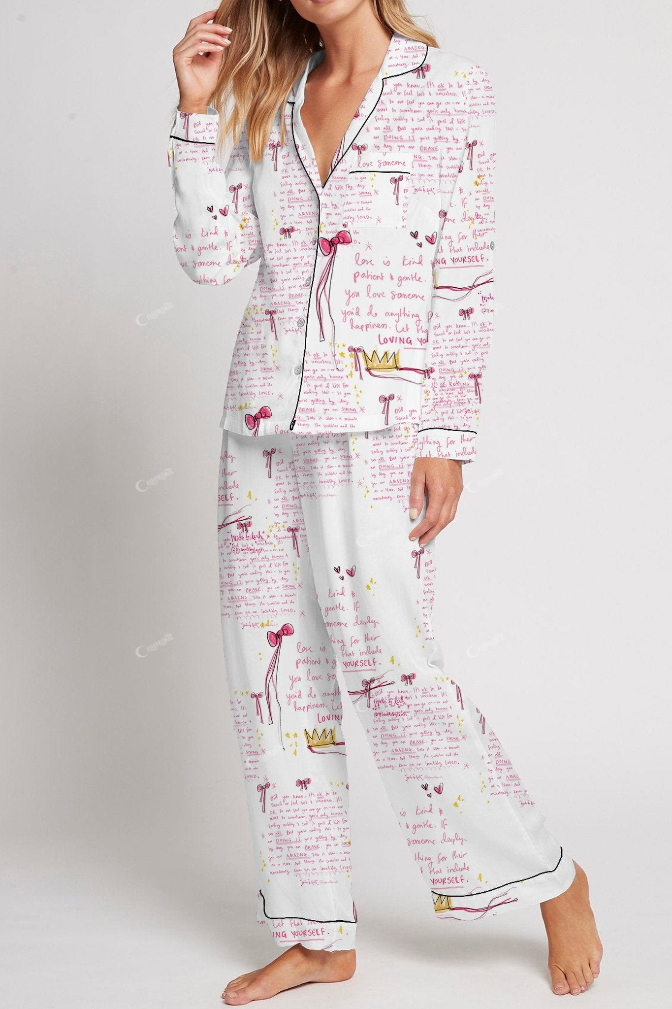 Women's Pink Bow Theme Satin Pajamas Set