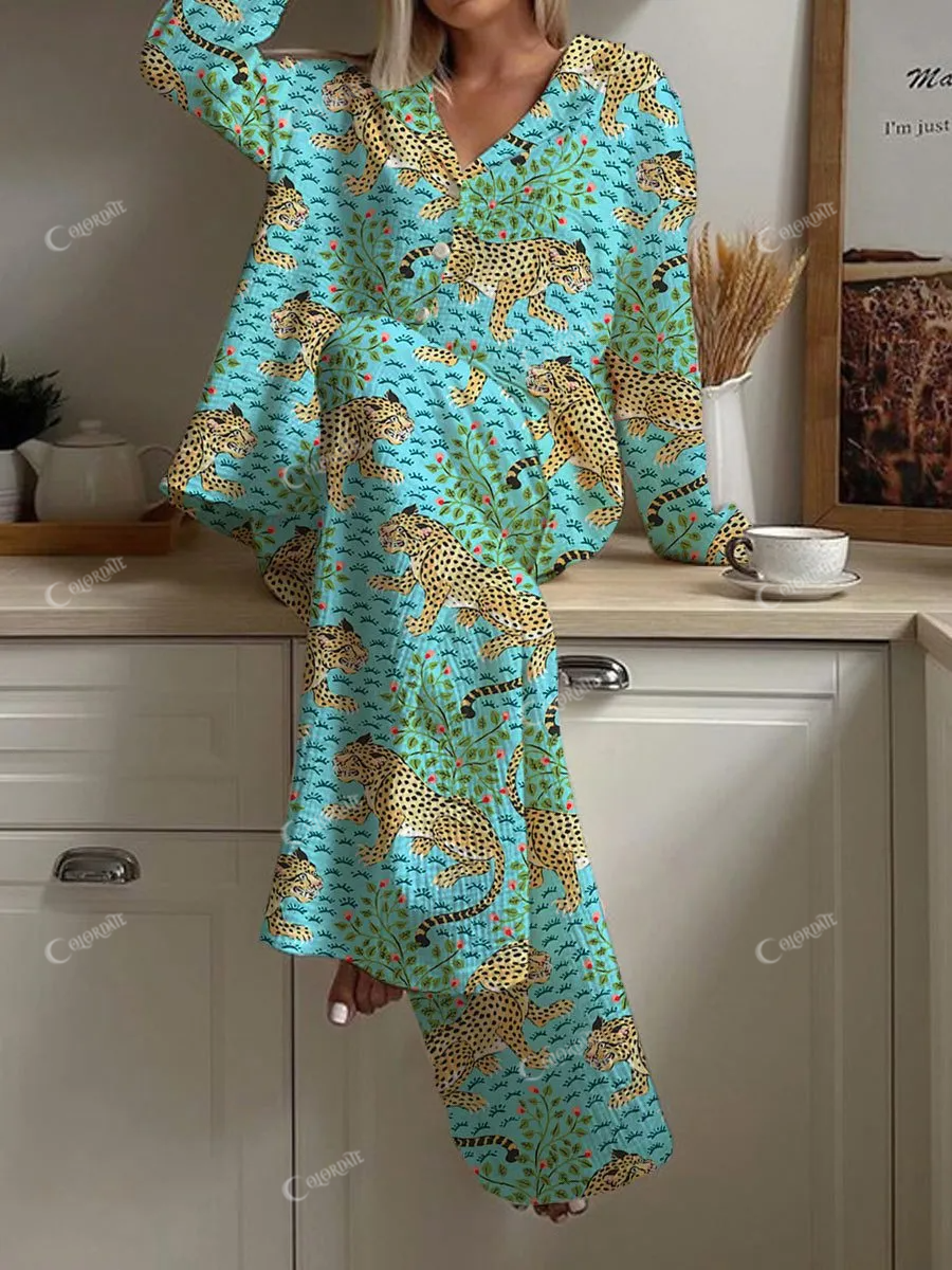 Women's Artistic Leopard Floral Pattern Long Sleeve Pants Set