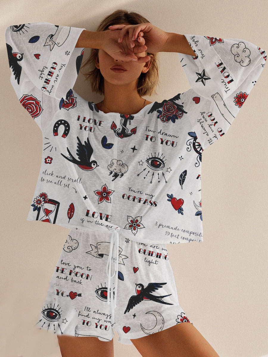 Women's Valentine's Day Swallow Floral Print Short Sleeve Shorts Set