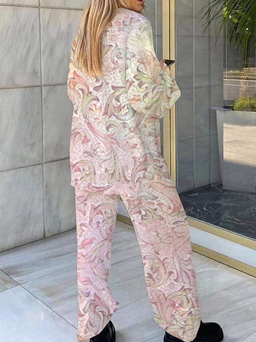 Women's Romantic Bohemian Pattern V-Neck Long Sleeve Pants Set