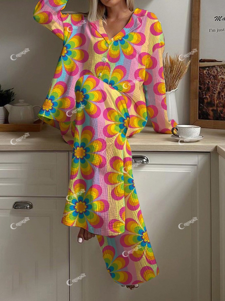Women's Rainbow Stripe Floral Print Lapel Pajama Set