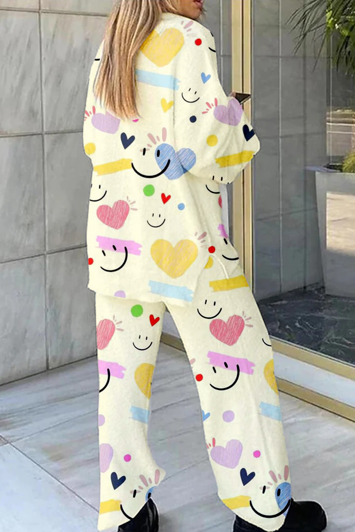 Women's Colorful Smiley Heart Print Home V Neck Long Sleeve Suit