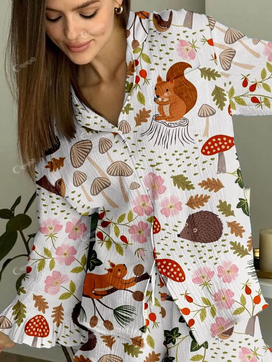 Women's Forest Animal Mushroom Floral Print Cardigan Ruffled Home Set