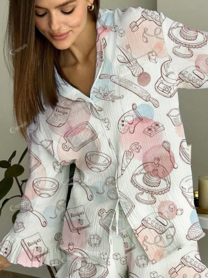 Women's Watercolor Kitchen Baking Pattern Ruffle Long Sleeve Pant Set