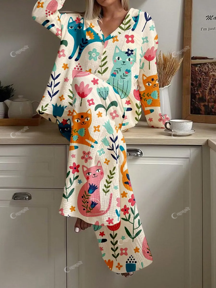 Women's Cute Cat Floral Print Cardigan Homewear Set
