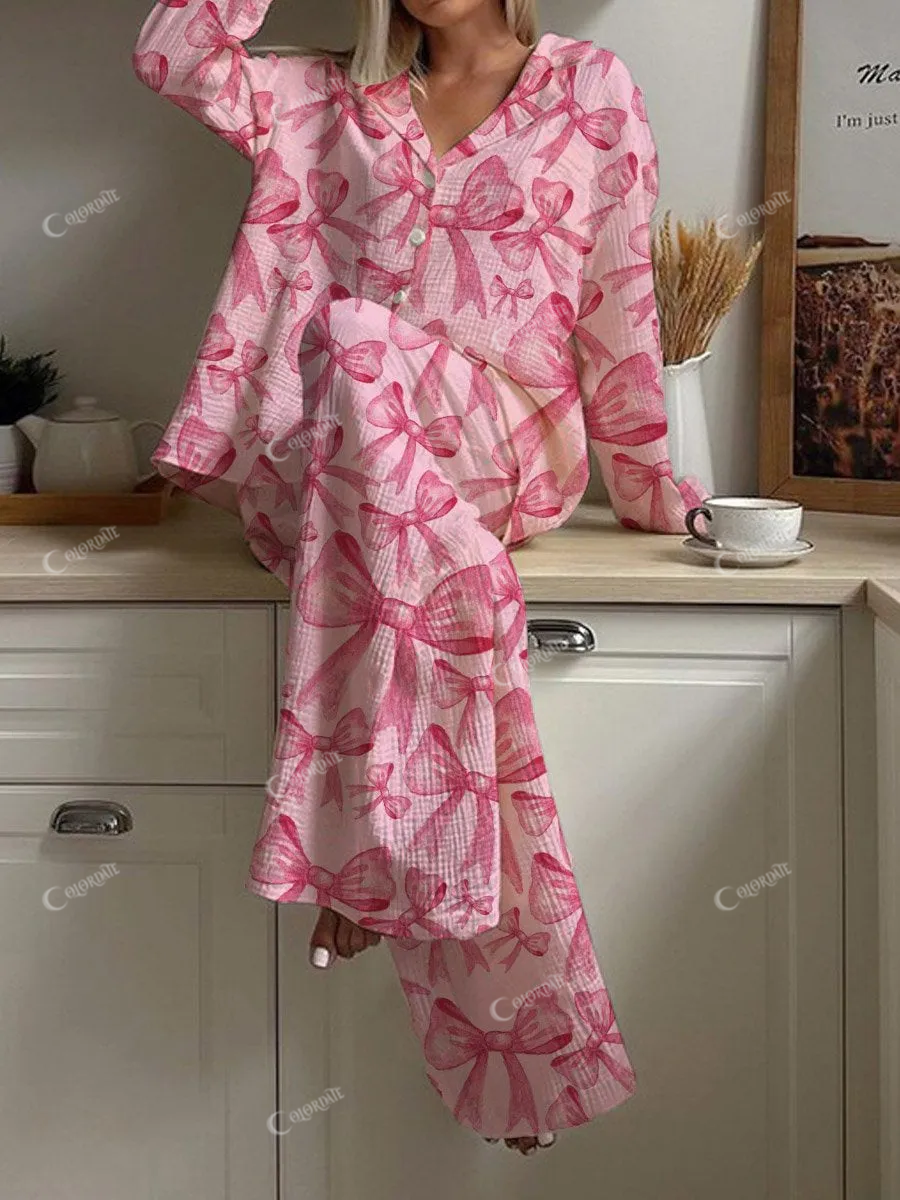 Women's Hand-Painted Artistic Bowknot Long Sleeve Pants Set