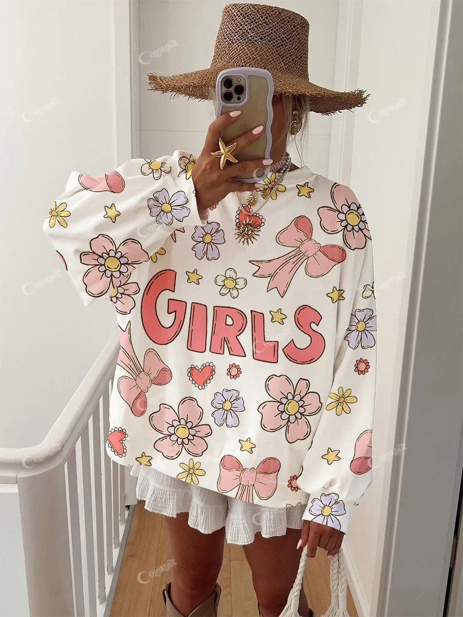 Women's Bow Flower GIRLS Printed Round Neck Sweatshirt