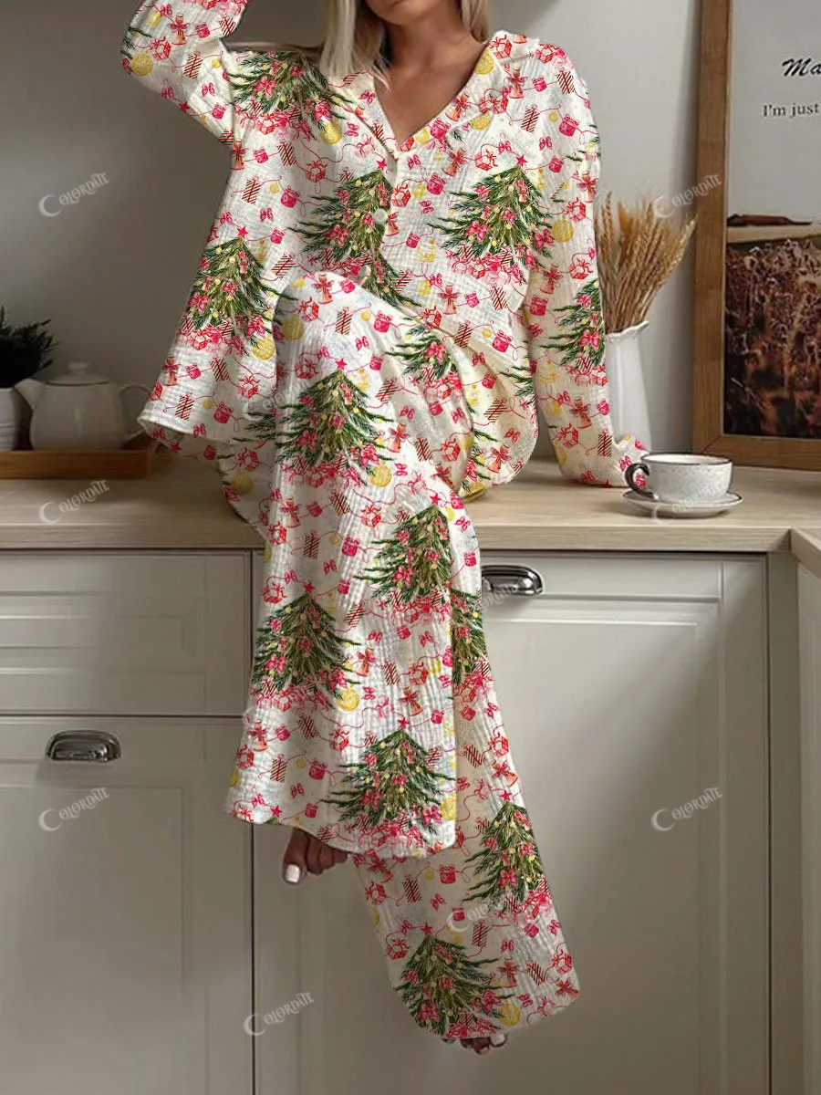 Women's Christmas Tree Art Painting Printed Home Long Sleeve Suit