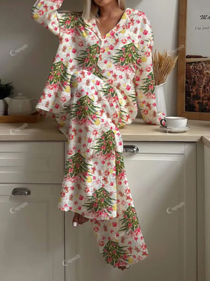 Women's Christmas Tree Art Painting Printed Home Long Sleeve Suit