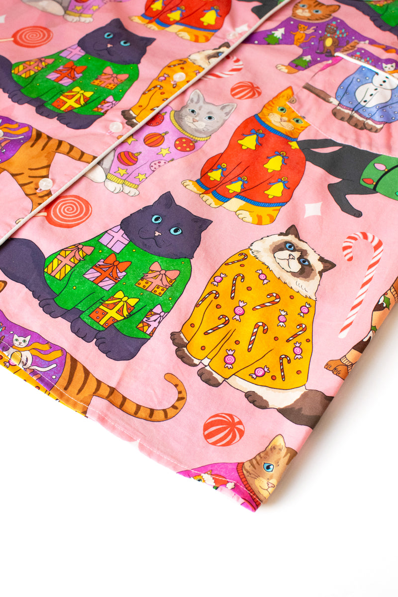 Women's Lapel Cute Cat Print Long Sleeve Pajama Set