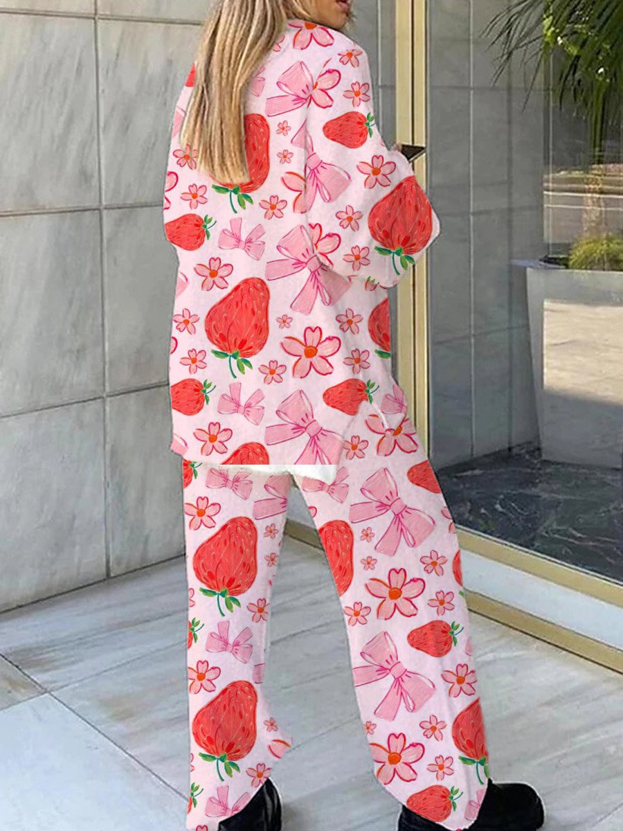 Women's Bow Cherry Pattern V-Neck Long Sleeve Pants Suit