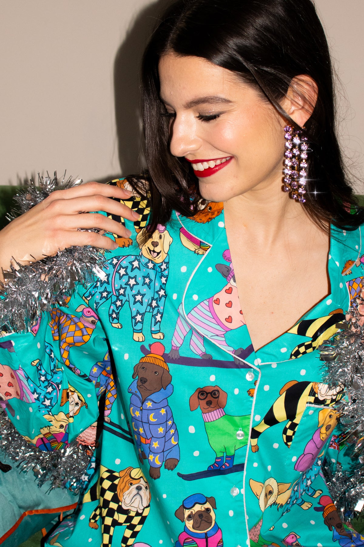 Women's Lapel Cute DOG Print Long Sleeve Pajama Set