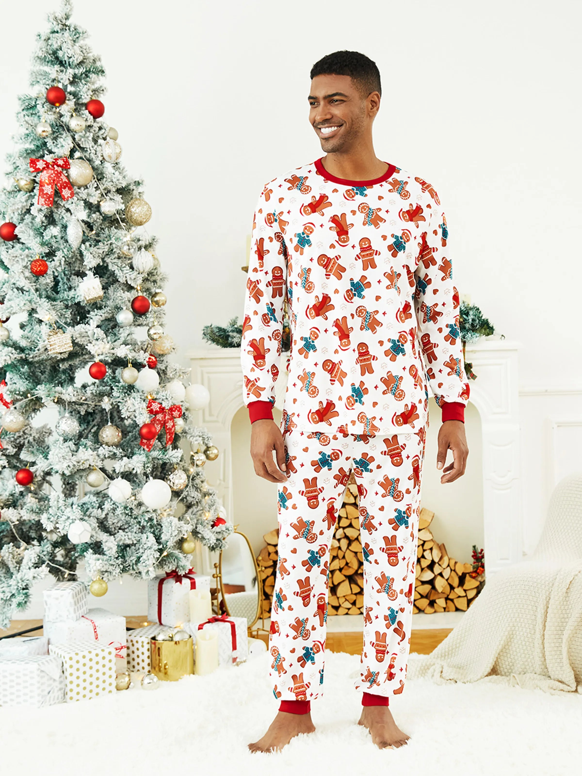 Christmas Family Matching Cartoon Gingerbread Man Allover Print Pajamas Sets