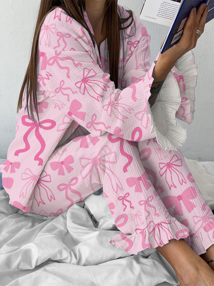 Women's Fun Bow Pattern Ruffled Long Sleeve Pants Set